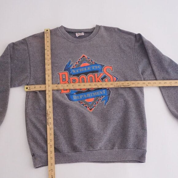 Vintage '90S Brooks International Gray Orange Spellout Cotton Crewneck Sweater L - Picture 3 of 11